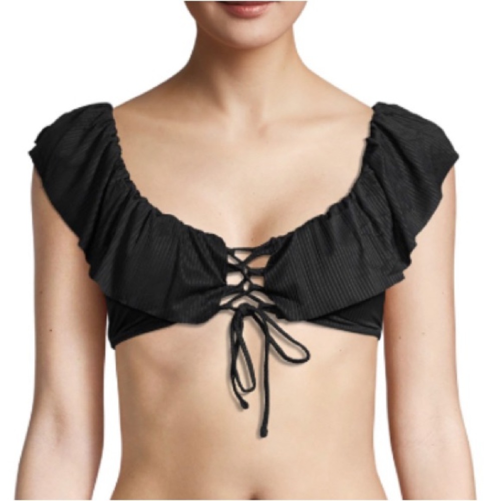 Vigoss Women's Ruffle Off-the-Shoulder Ribbed Swimsuit Top Black Large